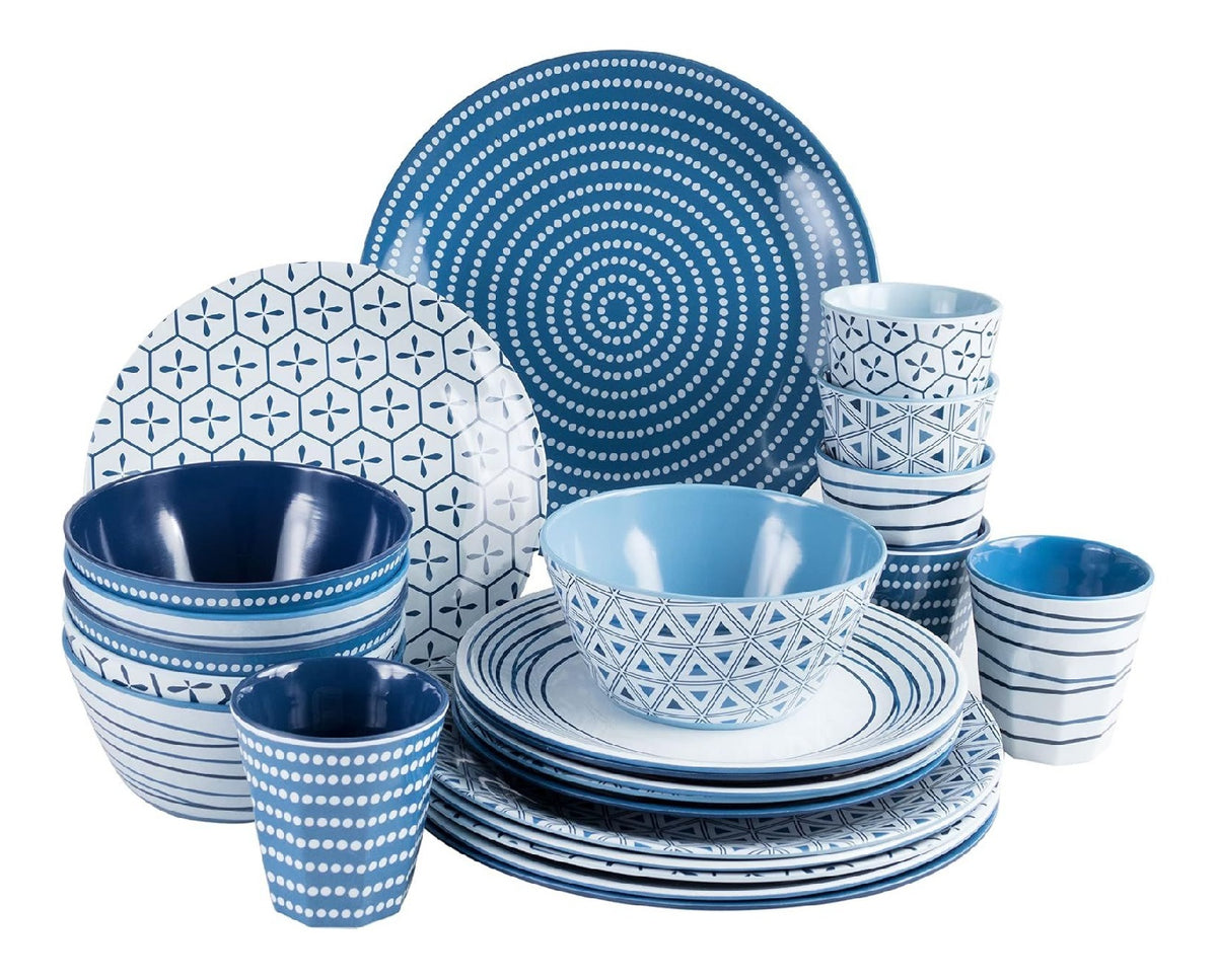Camping-Geschirrset fuer 6 Personen Blau weiss 24-teilig