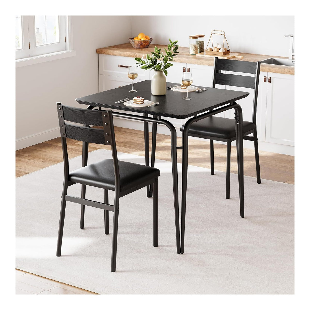 Esstisch Set Fuer 2 Schwarz Quadratische 3-Teilige Esszimmer Mit 2 Stuehlen Platzsparende
