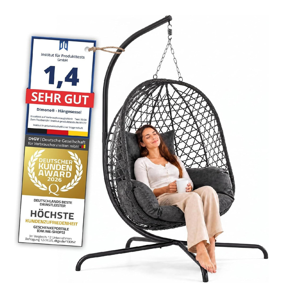 Haengesessel mit Gestell Haengekorb - Indoor Outdoor Haengestuhl 120 kg Blitzschneller Aufbau Egg Chair aus Poly- mit Stahlrahmen fuer Garten rattan