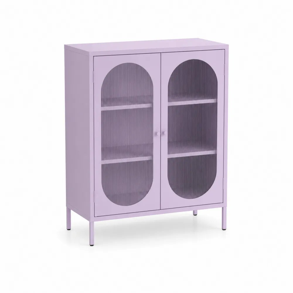 Lila Metallschrank mit geriffeltem Glas 90x40x120