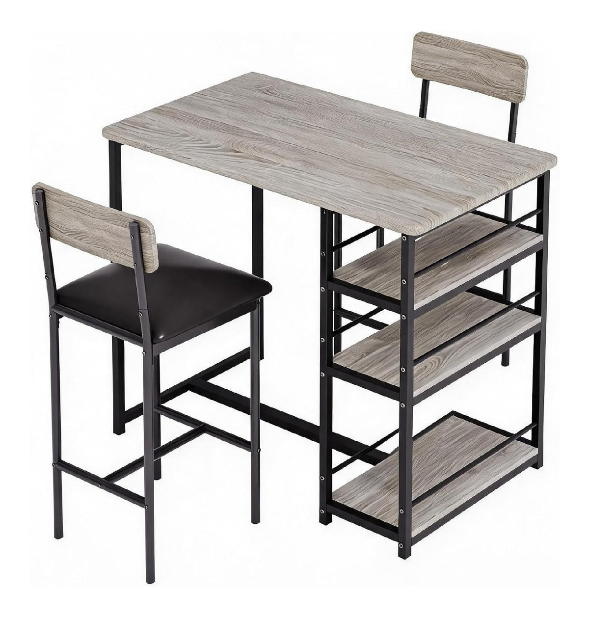 Bartisch Mit Barhocker-Set Fuer 2 Personen Grau Esszimmergarnitur Im Industrial-Stil Mit 2 Stuehlen Stabiler Holztisch Mit Rueckenlehne