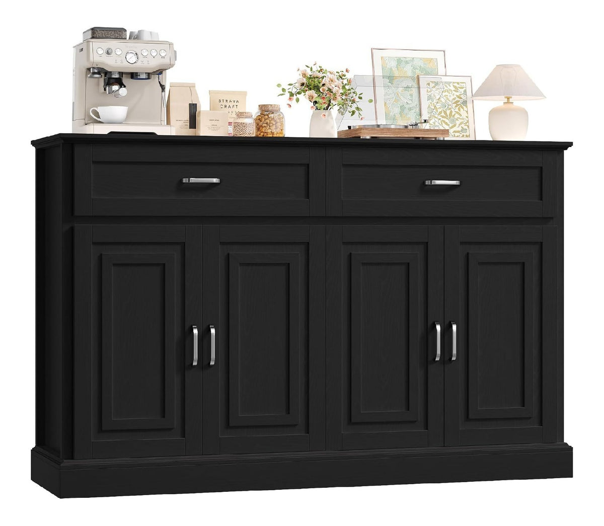 Sideboard 140 cm Kuechenschrank mit Arbeitsplatte Buffetschrank Kuechenbuffet mit 2 Schubladen Schwarz 140 x 39,5 x 92,2 cm 4 Tueren verstellbaren