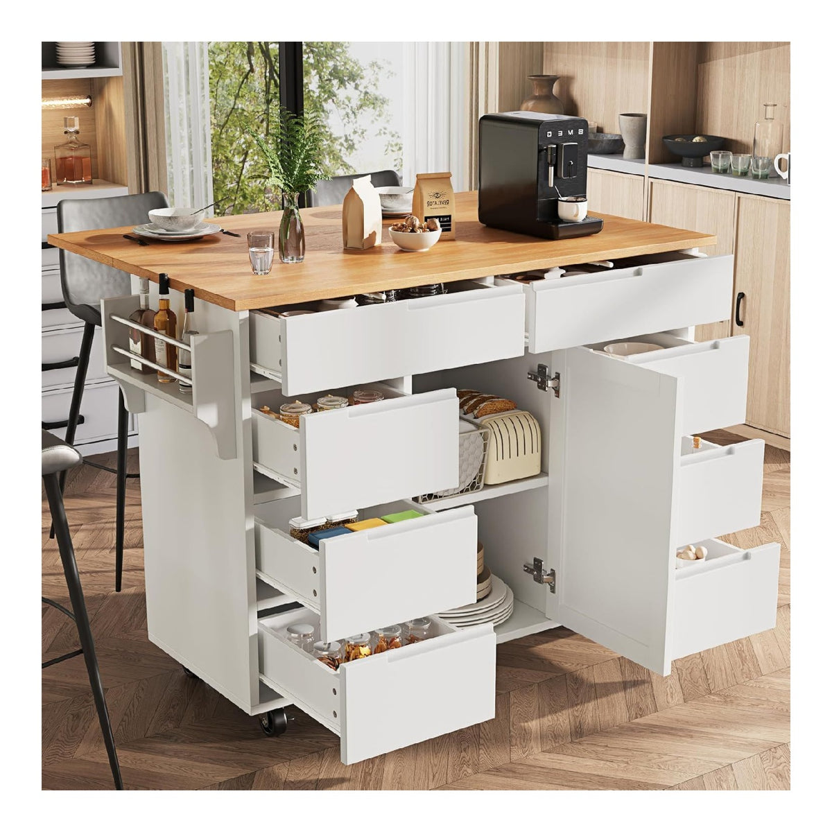Kuecheninsel Weiss Moderne Kuechenschrank Ausziehbarer Kuechenwagen mit Rollen und Arbeitsplatte