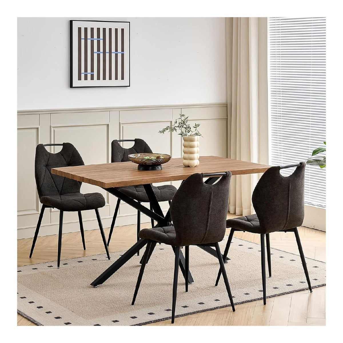 Esstisch mit 4 Stuehlen 5-TLG Set Metall Industrial Esszimmer Kueche Stuehle Tisch Moebel Essgruppe Sitzgruppe Paul Dunkel Schwarz holz 110x70cm