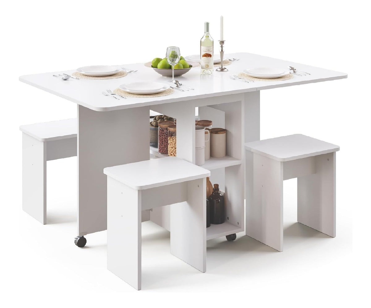 Mondeer Klappbarer Esstisch mit 4 Stuehlen Weiss 120cm Essgruppen Kleine Raeume Kuechentisch mit 4 Hockern 6 Rollen Lassen Sich Arretieren