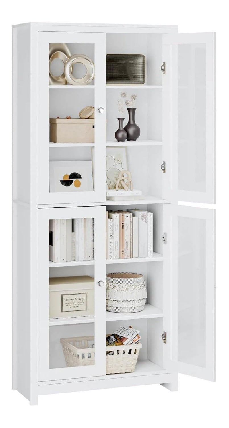 Vitrinenschrank Weiss 80x33x190cm 190cm hoch Hochschrank Buecherregal mit 4 Tueren Glas Vitrine stehend