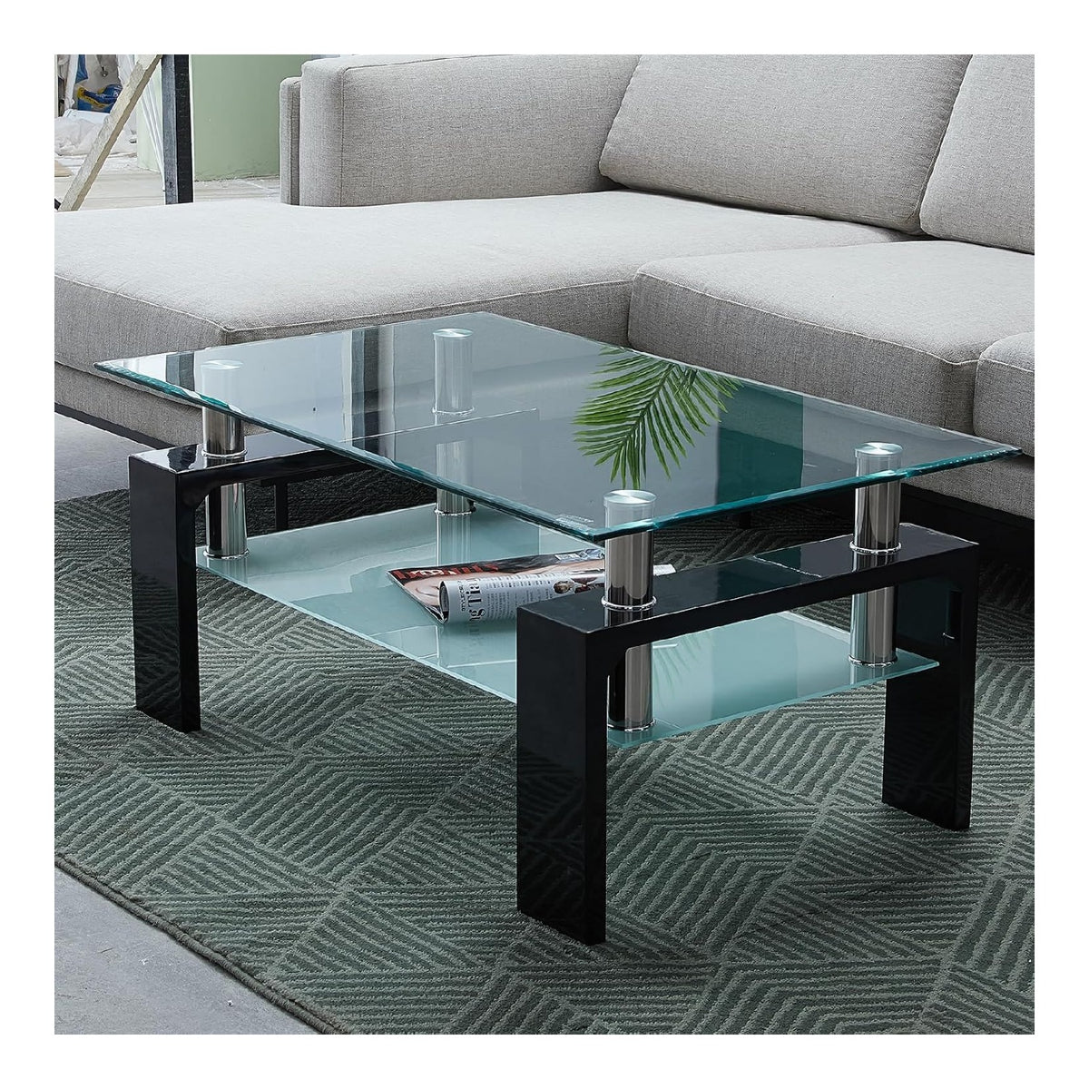 Couchtisch rechteckig Schwarz Glas mit Ablage