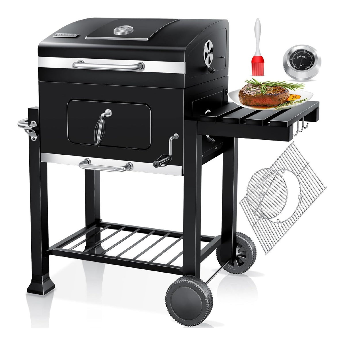 Grill Grillwagen BBQ Smoker XL Holzkohlegrill mit Deckel edelstahl Raedern -Griff