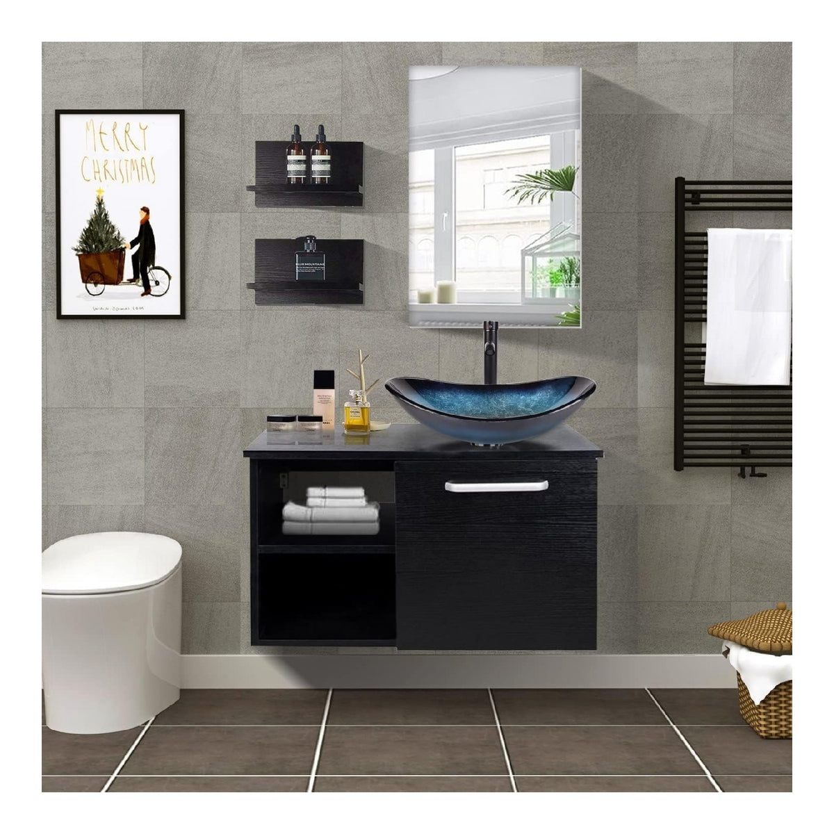 ARTETHYS Badmoebel Set Waschbecken Waschtisch mit Unterschrank Waschbeckenunterschrank und Spiegel Blau Badezimmermoebel mit Badezimmerschrank