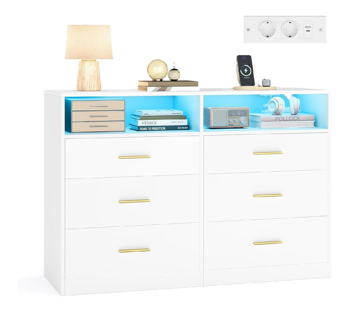 Custos Kollektion - Kommode Weiss 40 x 119 x 81,2 cm Kommodenschrank mit LED-Beleuchtung und Steckdosenleiste Sideboard