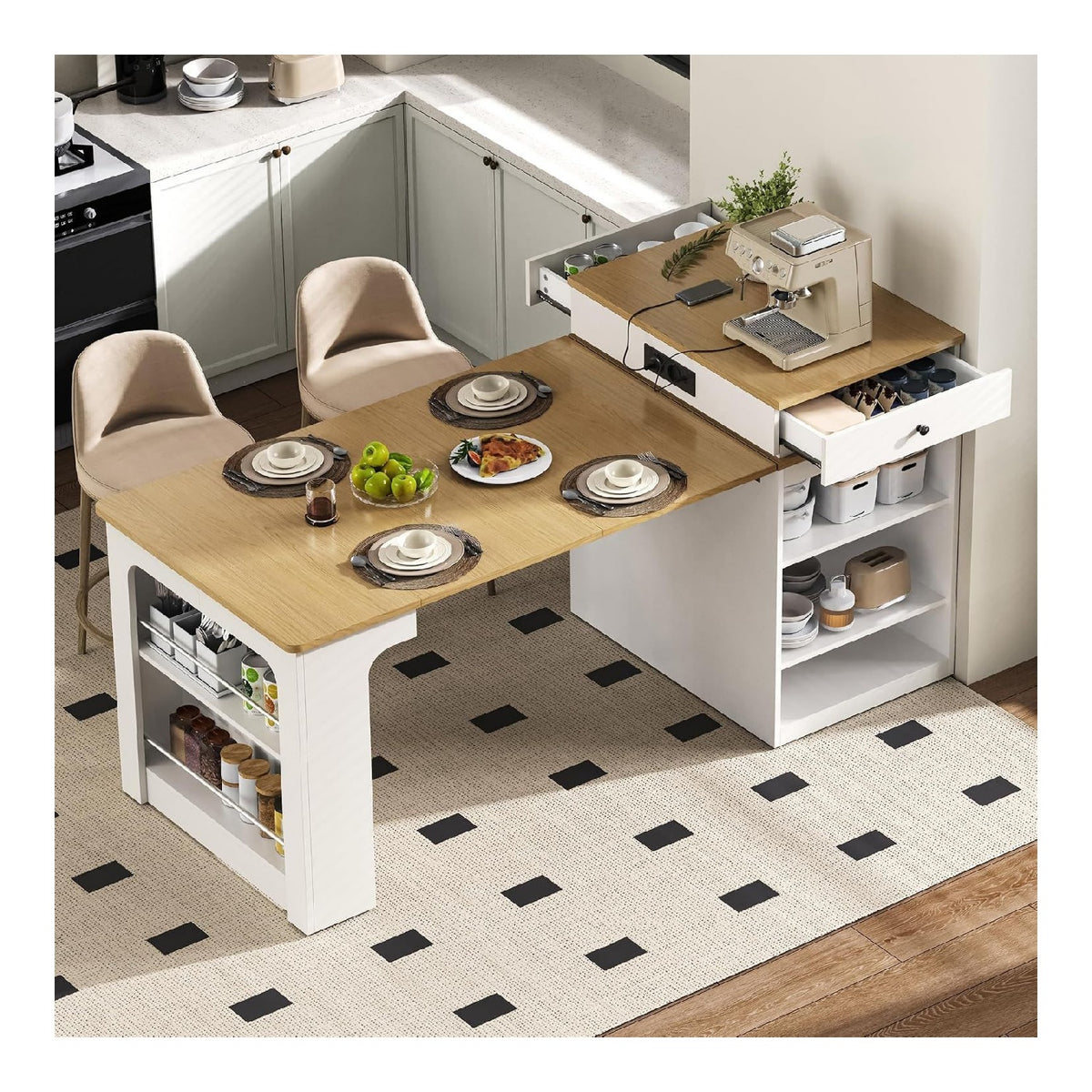 Multifunktionale Kuecheninsel mit Rollen und ausziehbarem Esstisch Weiss Bartisch Sideboard mit Stauraum Moderne Kuecheninsel platzsparend fuer Kueche