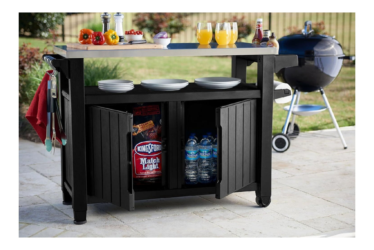 Living Grilltisch/Beistelltisch XXL - Edelstahlplatte - Witterungsbestaendig - Holzoptik - - Nur bei Uns !