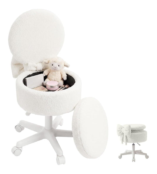 Schminkhocker Schminkstuhl Mit Rollen 9L Stauraum Weiss Klappbare Rueckenlehne Hoehenverstellbar 360 Drehbar Mit Schleife Fuer Schlafzimmer Wohnzimmer