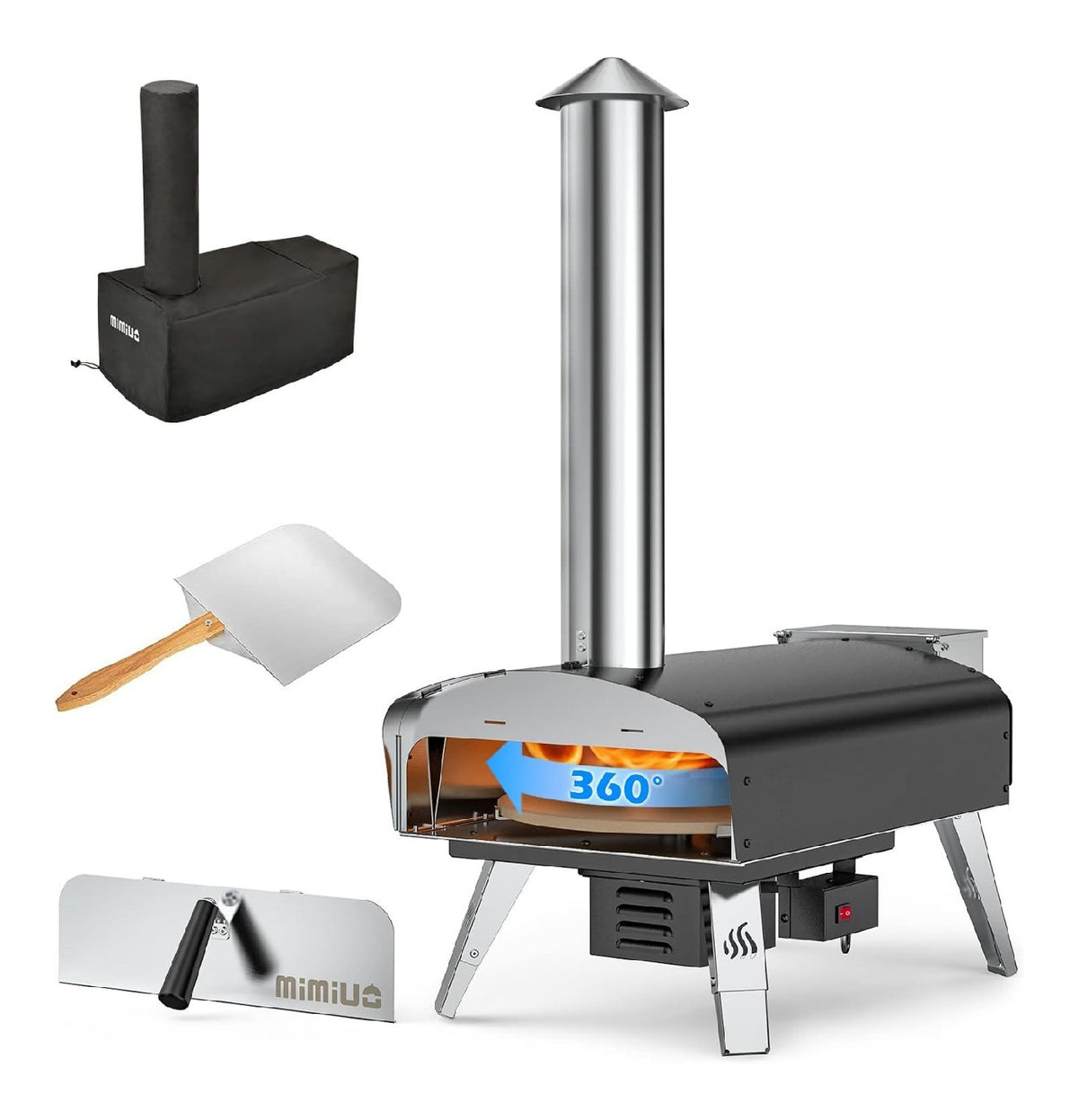 Mimiuo Outdoor Pizzaofen mit Automatischer Drehfunktion Pizzastein Pelletofen fuer den Garten Outdoor Rot Pellets Hackschnitzel