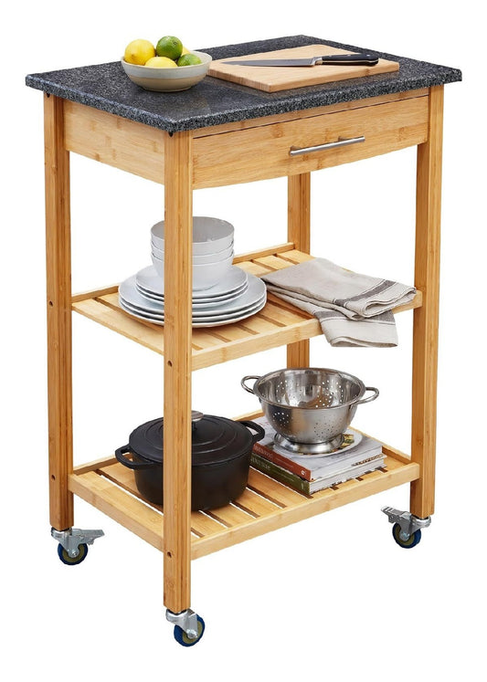 Relaxdays Kuechenwagen anthrazit natur 85 x 58 x 40 cm Granitplatte Schublade