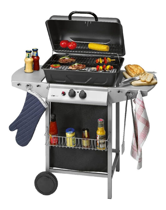 Clatronic Gasgrill mit 2 Heizzonen individuelle Temperatursteuerung inkl. Grillrost + Warmhalterost Grill mit praktischem Ablagekorb und grossem