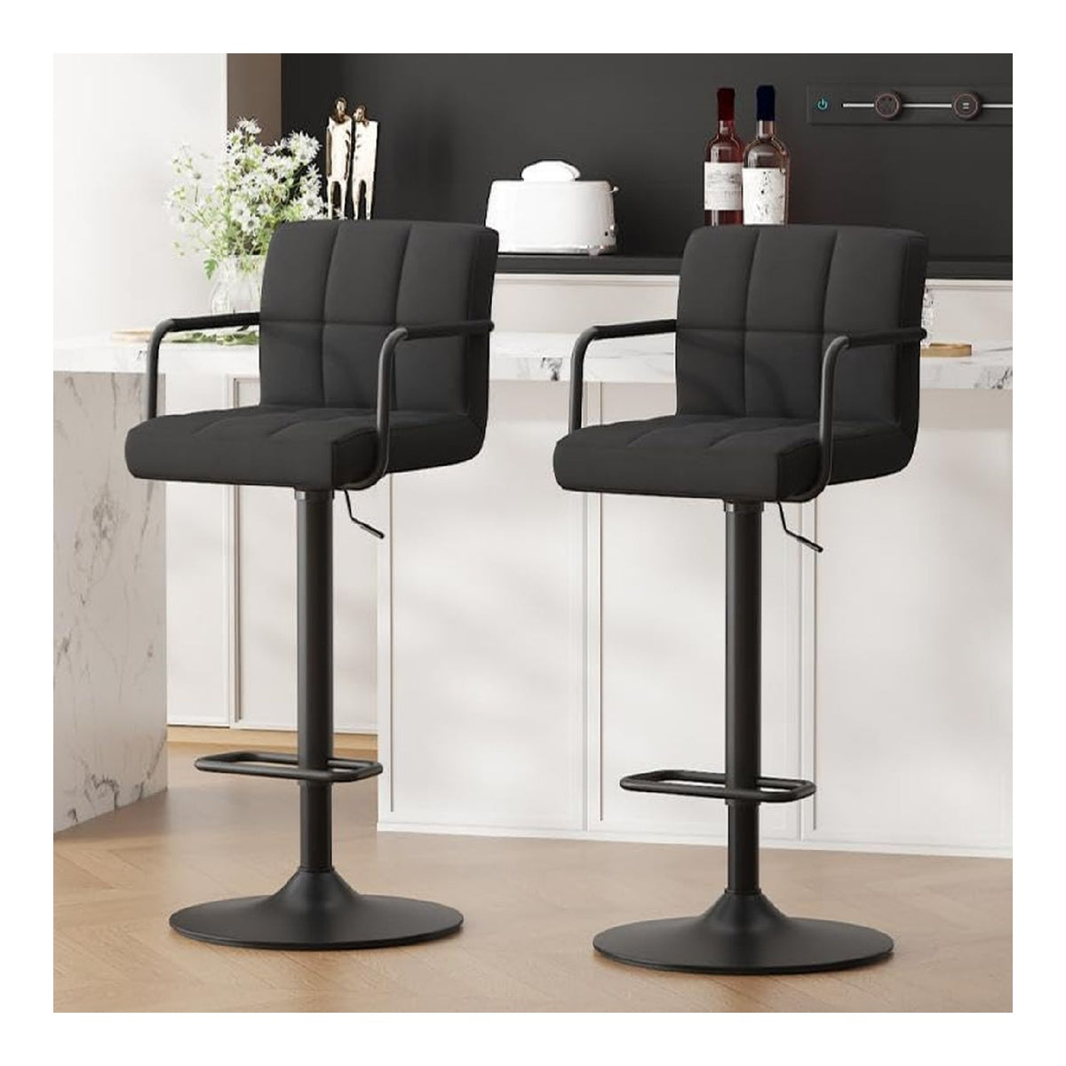 Barhocker 2er Set Schwarz Barstuhl hoehenverstellbar aus Samt 360Drehstuhl Kuechenstuhl mit Armlehnen
