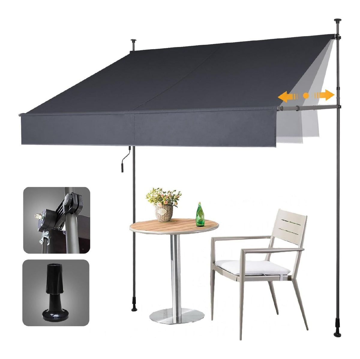 HOMEDEMO Klemmmarkise Markise Balkon ohne Bohren anthrazit 200cm x (120-150) cm Upgrade Patent mit Verlaengerten Einziehbaren Seitenstangen