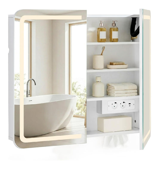 LED-Spiegelschrank Weiss 2 Tueren Steckdose