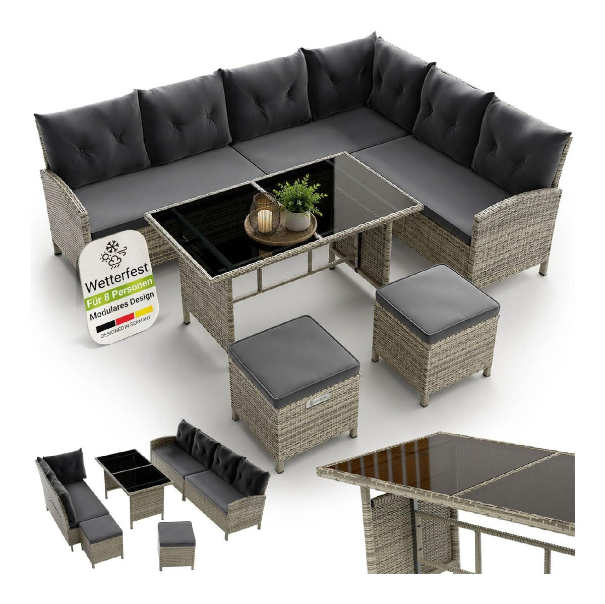 Lounge Manacor mit Ecksofa Grau rattan Esstisch 2 Hocker Kissen - wetterfest bis 7 Personen - Bezuege waschbar - Garten Sitzgruppe Gartenlounge