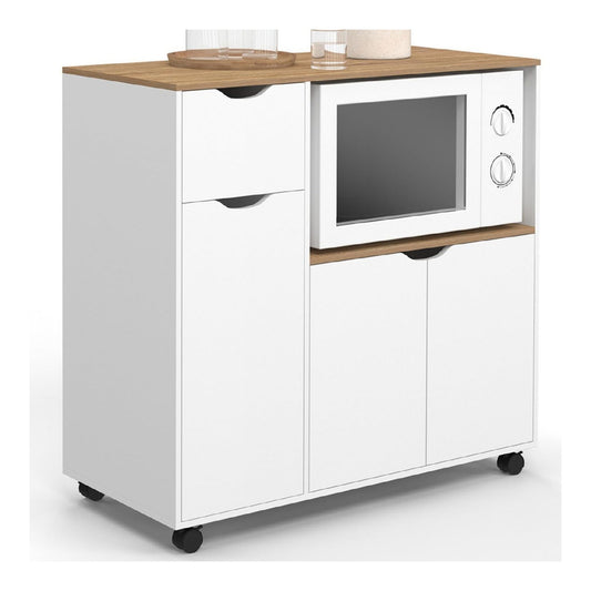 IDMarket - Desserte micro-onde de cuisine COSI XXL placard avec tiroir bois blanc et plateaux facon hetre L.90 CM