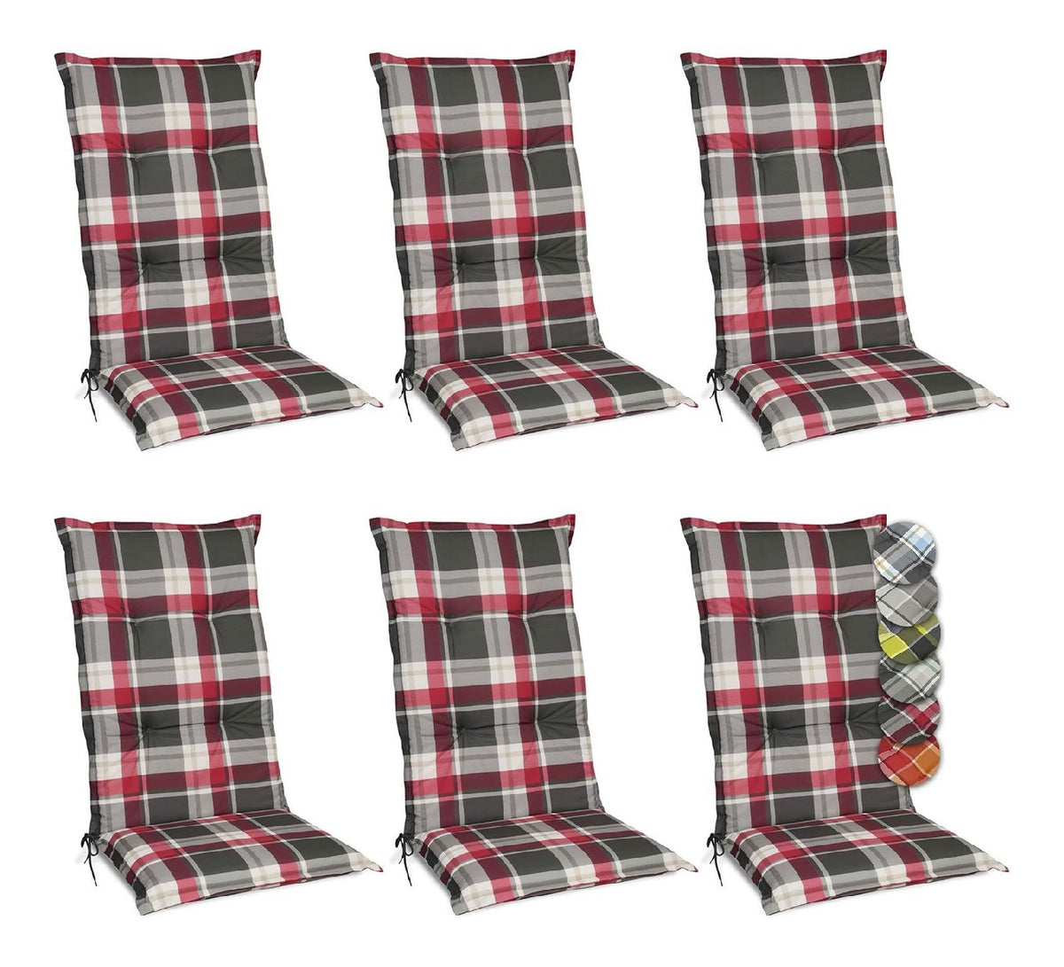 6er Set Hochlehner Auflagen fuer Gartenstuehle rutschfest Kariert 6cm Dicke Polsterauflage bequem Stuhlkissen Sitzauflage Polster UV-Lichtecht Sunny