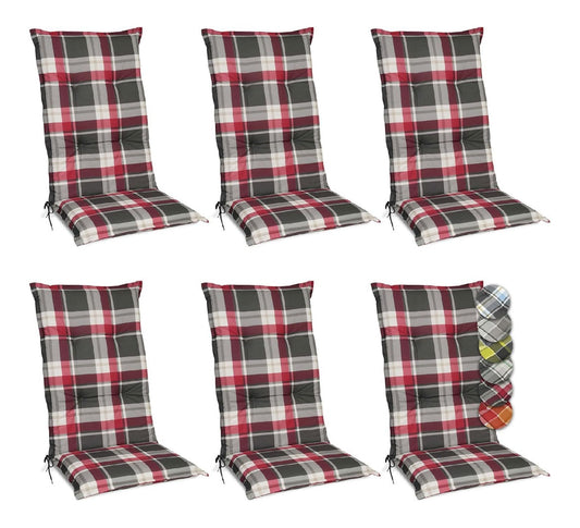 6er Set Hochlehner Auflagen fuer Gartenstuehle rutschfest Kariert 6cm Dicke Polsterauflage bequem Stuhlkissen Sitzauflage Polster UV-Lichtecht Sunny