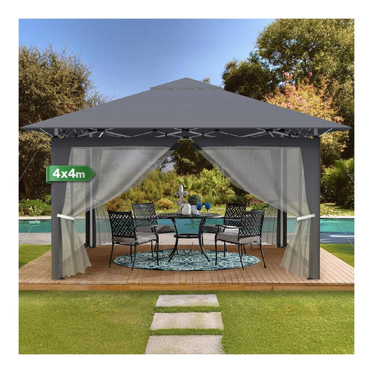 Faltpavillon Hoehenverstellbar anthrazit 4X4 Pop-Up Pavillon Gartenpavillon mit 4 Moskitoseitenteilen-Transporttasche-Windseil-Erdnaegel