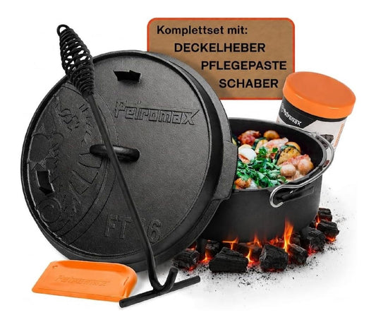 Petromax ft6 Set - Feuertopf mit Fuessen Deckelheber Pflege Gusseisen Schmortopf fuer Grill Feuer 5 Liter