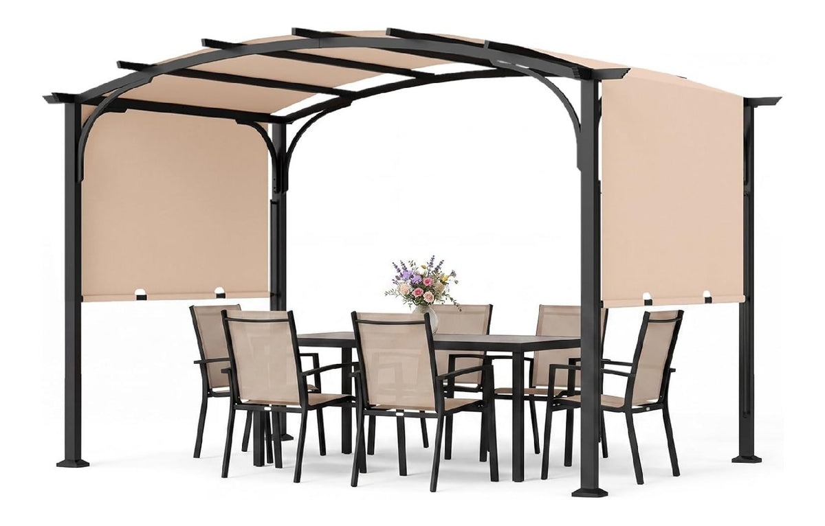 Pergola Beige 3 x 2,4 m Pavillon mit verstellbarem Schiebedach 4 m Gartenpavillon mit Sonnenschutz