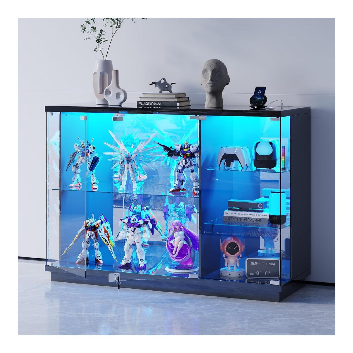 Lvifur 3-Lagen Glasvitrine mit LED Beleuchtung und Glastueren Blau schwarz Display Cabinet mit Intelligente Sensorik fuer Wohnzimmer Schlafzimmer