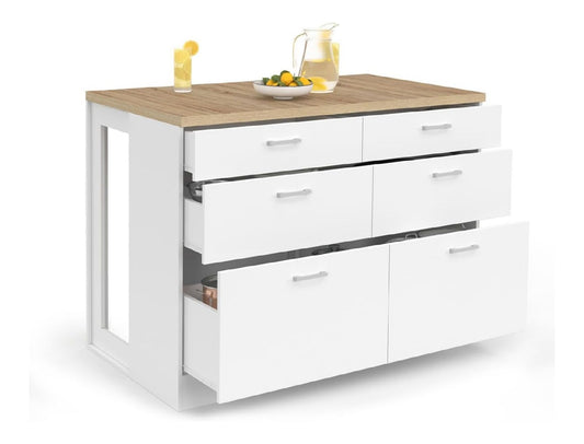 IDMarket - Mittelinsel ORSO 120 cm mit 6 Schubladen mit Arbeitsplatte aus Mit 6 weissen Schubladen und Arbeitsplatte in -Optik Weiss buche