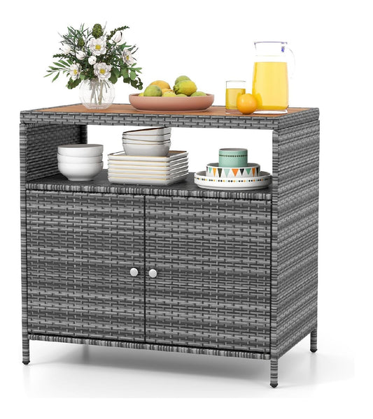 Gartenschrank Grau rattan 90 x 53 x 86 cm -Buffetschrank Outdoor Aufbewahrungsschrank mit Arbeitsplatte Regal