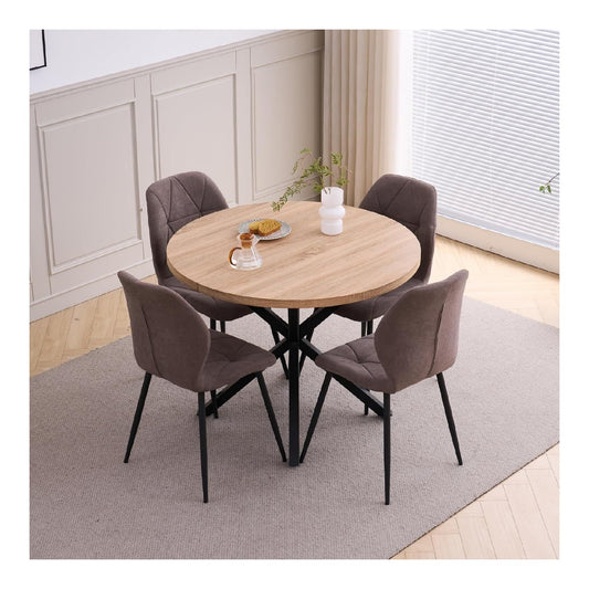 Esstisch und Stuhlset Braun 100 100 76.5 cm Runder Esstisch und 4 Moderne Leinen Stuehle Metallbeine