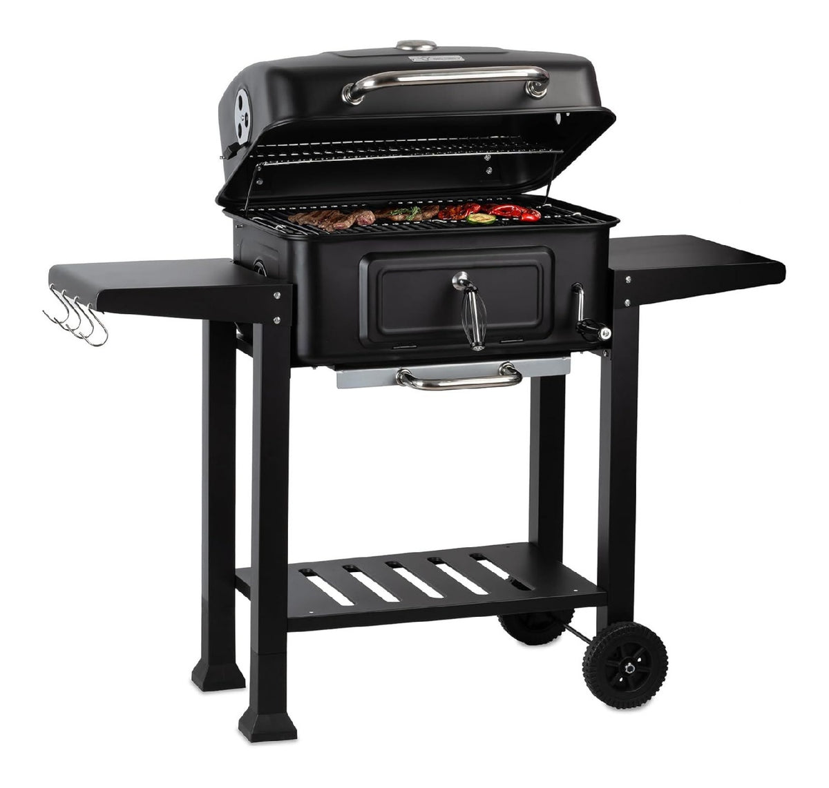 Holzkohle Grillwagen mit hoehenverstellbarer Kohleschale Holzkohlegrill mit Deckel Holzkohlegrillwagen mit Thermometer Holzgrill Smoker Grill