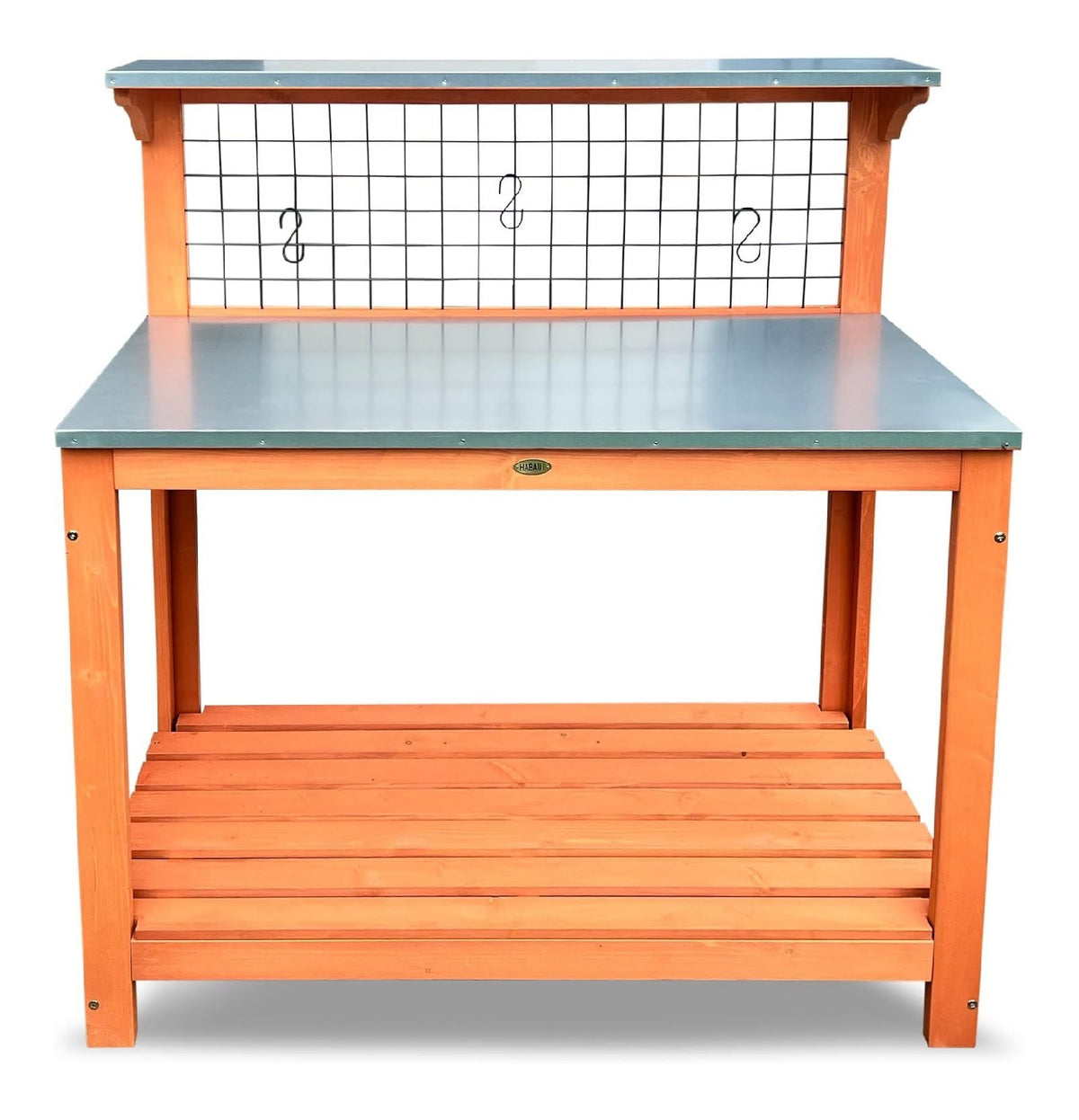 Gartentisch mit Arbeitsplatte und Metallaufhaengung mit Ablage Grau 101 x 55 x 117 cm 3 Metallhaken ideal fuer Balkon und Terrasse