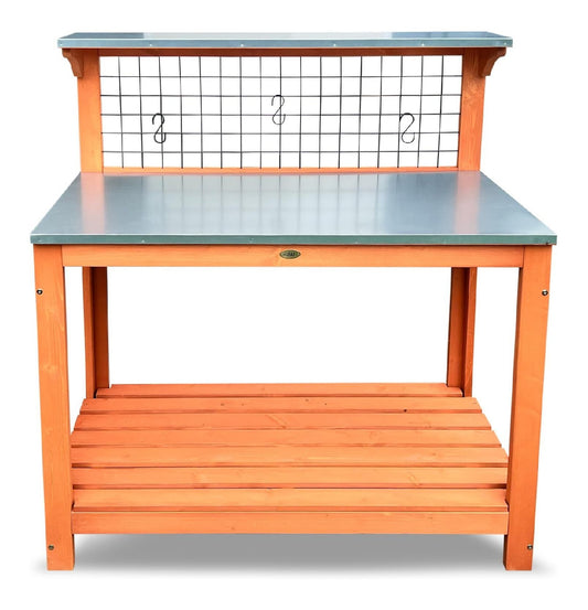 Gartentisch mit Arbeitsplatte und Metallaufhaengung mit Ablage Grau 101 x 55 x 117 cm 3 Metallhaken ideal fuer Balkon und Terrasse