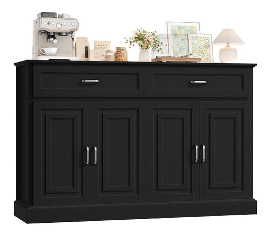 Sideboard 140 cm Kuechenschrank mit Arbeitsplatte Buffetschrank Kuechenbuffet mit 2 Schubladen Schwarz 140 x 39,5 x 92,2 cm 4 Tueren verstellbaren