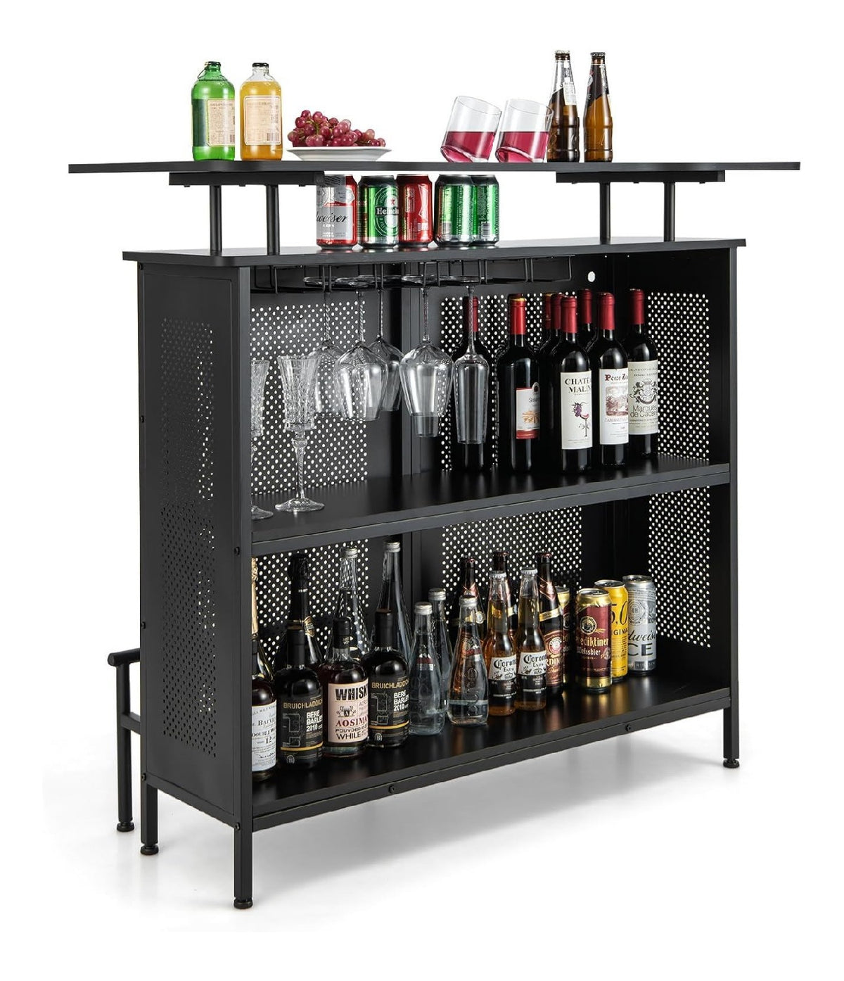 Bartisch Kueche Schwarz 120 x 50 x 106,5 cm Kuechentheke mit Stauraum und Fussstuetze Theke Bar mit Metallrahmen
