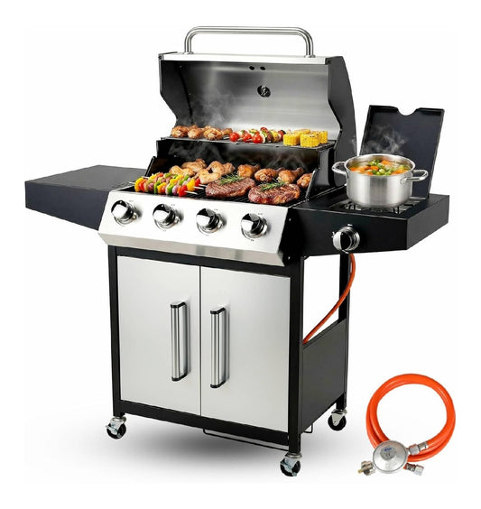 TLSUNNY Gasgrill 4+1 Brenner 15 kW edelstahl 60x42 cm BBQ Grillwagen Gas mit Seitenkochfeld Gasgriller Outdoor mit Thermometer 4 PCS Rollen