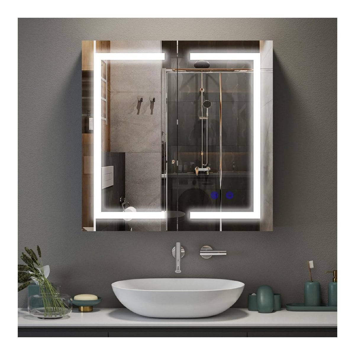 Spiegelschrank Bad mit Beleuchtung Steckdose Badezimmer Spiegelschrank Weiss 60 x 60 x 15 cm Dimmbar mit 3 Farbtemperaturen 3 Regal 2 Tueren