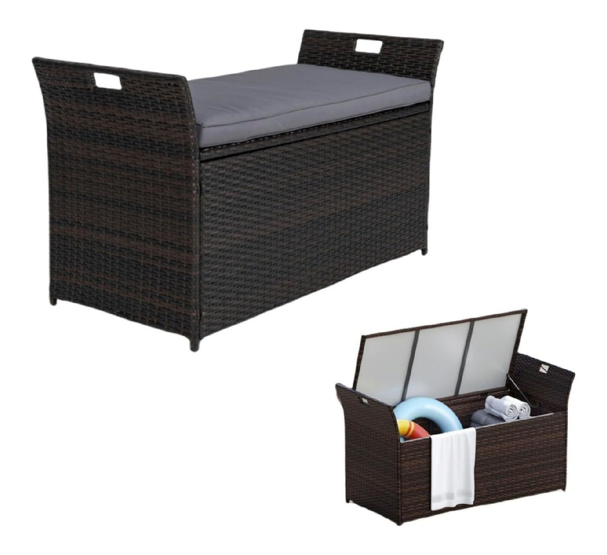 LIFEZEAL Aufbewahrungsbank rattan Gartenbank mit abnehmbarem Kissen seitlichen Griffen