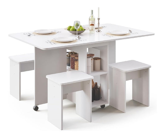 Mondeer Klappbarer Esstisch mit 4 Stuehlen Weiss 120cm Essgruppen Kleine Raeume Kuechentisch mit 4 Hockern 6 Rollen Lassen Sich Arretieren