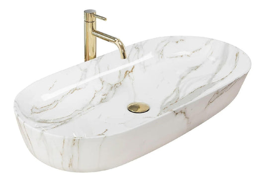 Rea Waschbecken Waschtisch Aufsatzwaschbecken Keramik Handwaschbecken Aufsatz Waschschale Oval Marmor 14x40x80