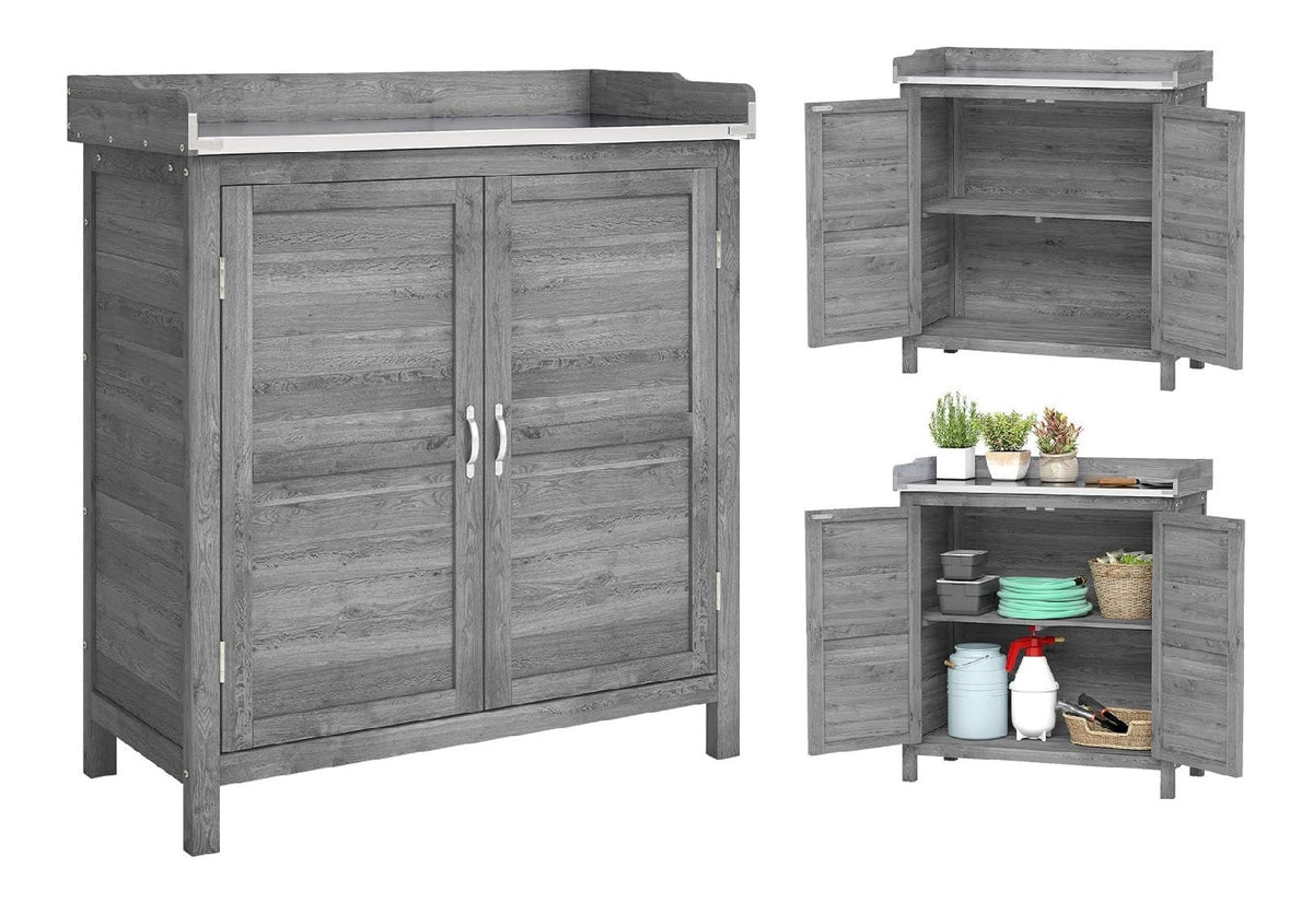 Gartenschrank mit Pflanztisch Wetterfest Geraeteschuppen mit Verzinkter Arbeitsplatte Grau holz 83 x 40 x 92cm Wetterfest Geraeteschrank