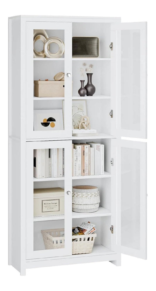 Vitrinenschrank Weiss 80x33x190cm 190cm hoch Hochschrank Buecherregal mit 4 Tueren Glas Vitrine stehend