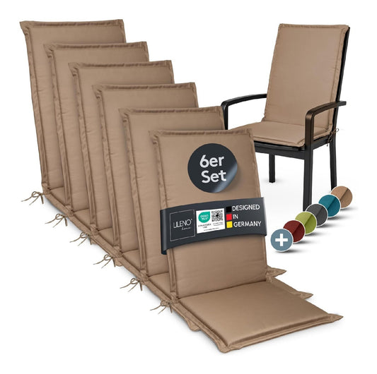 LILENO Gartenstuhl Auflagen 6er Set - Hochlehner in Taupe - Bequeme Liegen als Sitzauflagen fuer Gartenmoebel - Stuhlkissen fuer Gartenstuehle und