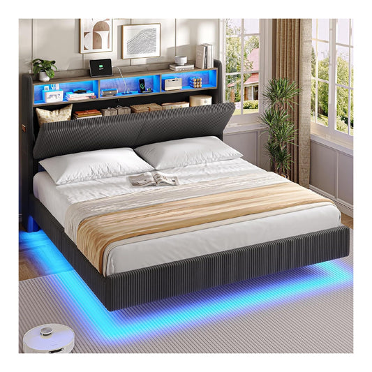 Polsterbett mit Stauraum( Grau 180x200 ) Schwebebett mit 270-LED-Beleuchtung Doppelbett mit Ladestation Bettgestell mit Stauraum Kopfteil Cordstoff