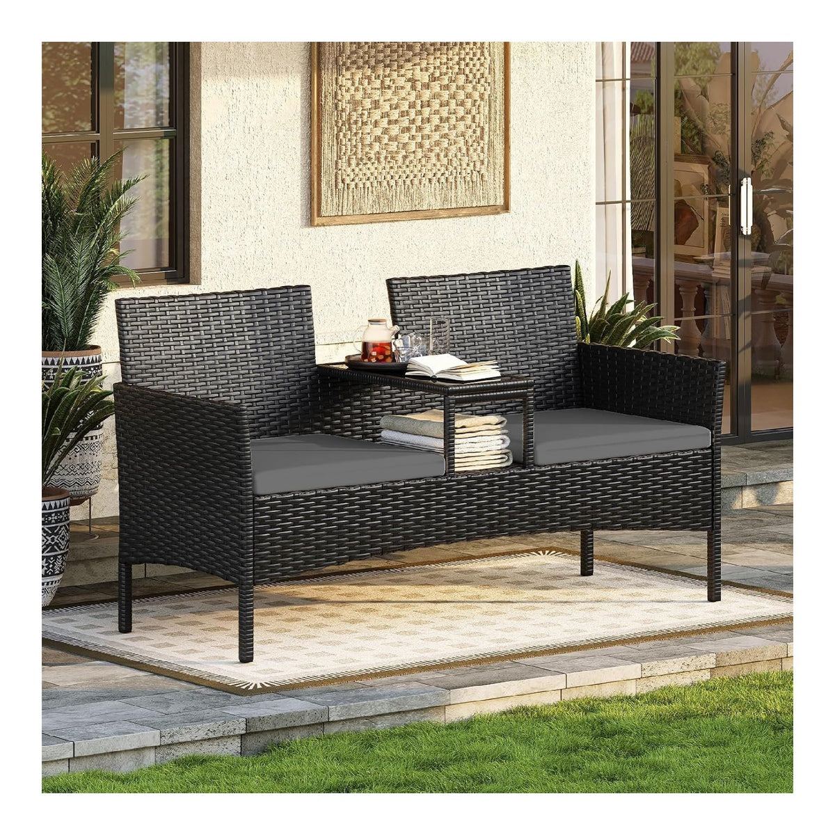 2-Sitzer -Gartenbank mit Beistelltisch Kissen Grau rattan