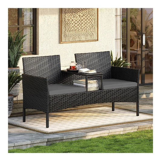 2-Sitzer -Gartenbank mit Beistelltisch Kissen Grau rattan